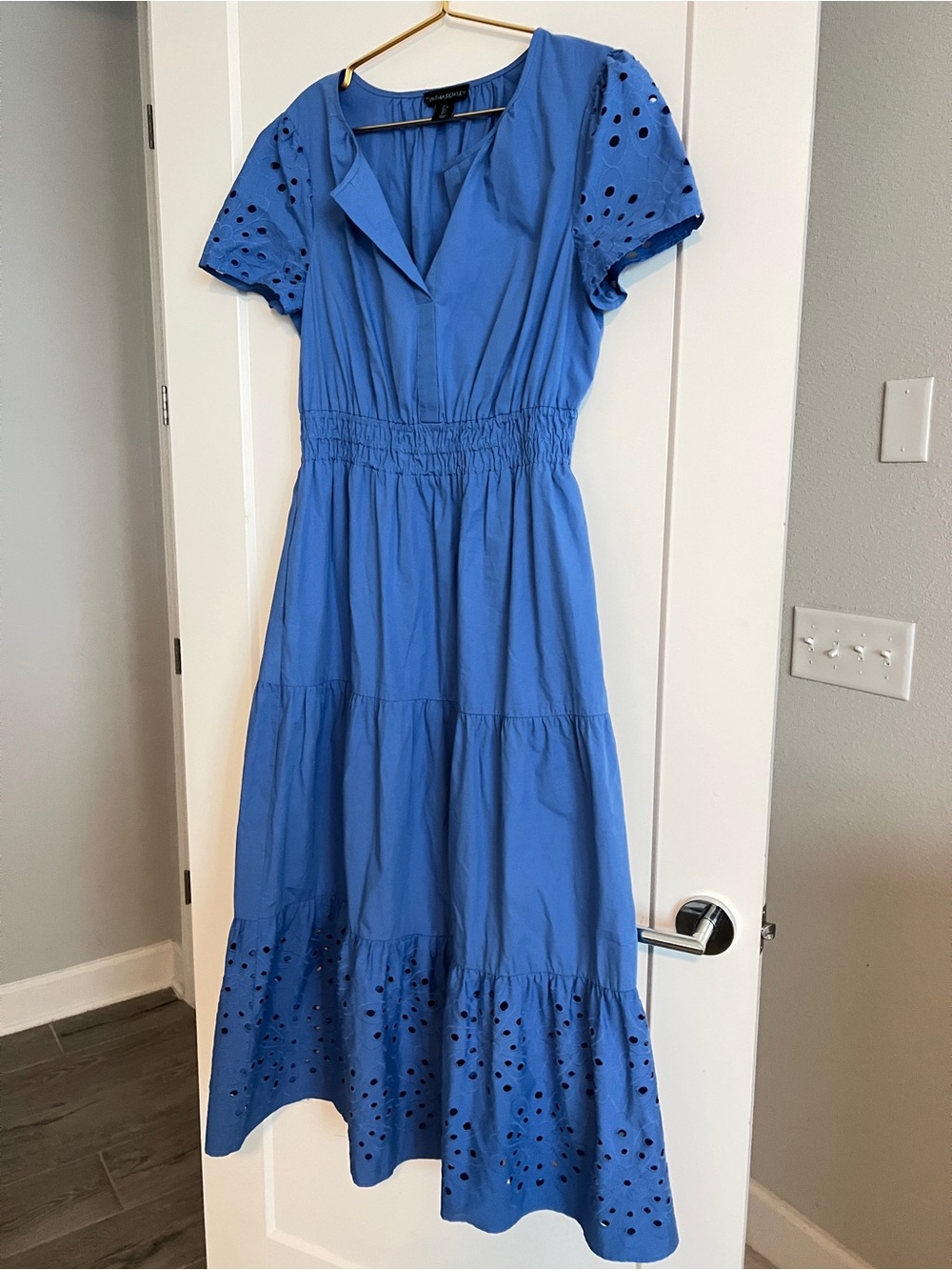 Cynthia Rowley Blue Eyelet Embroidered Tiered Midi Dress Smocked Size Large - Picture 7 of 13